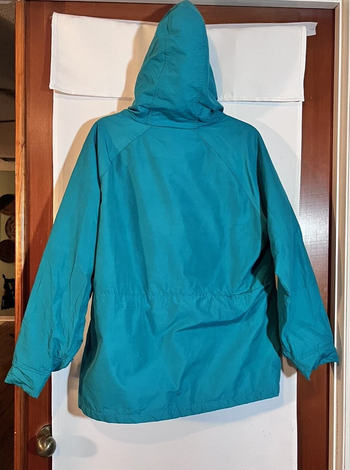 复古美国羊毛蓝绿色法兰绒羊毛衬里派克大衣雨衣连帽夹克女式 XL — 第 2/4 张图片