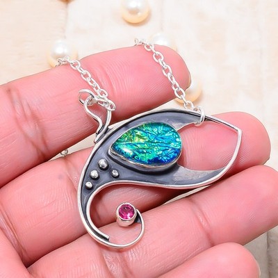 Triplet Opal & Pink Tourmaline 925 Sterling Silver Chain Pendant 19-23'' Cp103087