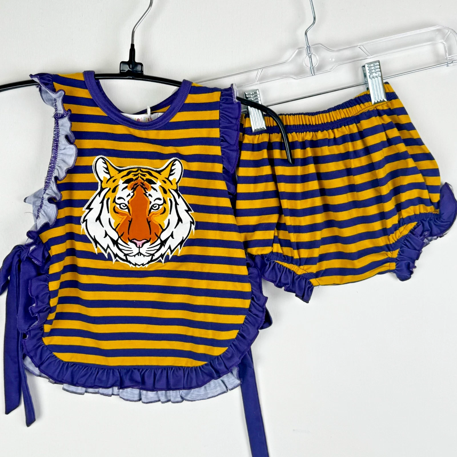 LSU Tiger Toddler Girls Outfit 18-24M Striped Ruffle Tank Top & Bloomer Set