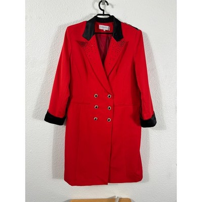 Donna Vinci Blazer Coat Women 18 Red Studded Satin Trim Double Breasted Vintage