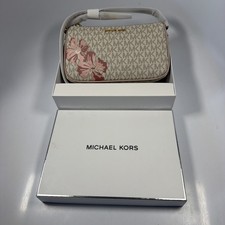 MICHAEL KORS Jet Set Floral Stamp MK Signature Soft Pink Zip Clutch Purse Bag