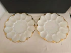 2 Vtg Anchor Hocking White Milk Glass Gold Rim Deviled Egg Plate Platter 9.75"D