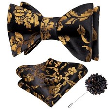 Self Tie Bow Ties and Lapel Pin for Men Paisley Solid Mens Black and Golds