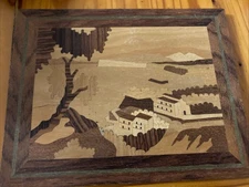 Vintage Italian Inlaid Wood Marquetry Landscape 9”x7” Lacquered Wall Art-1