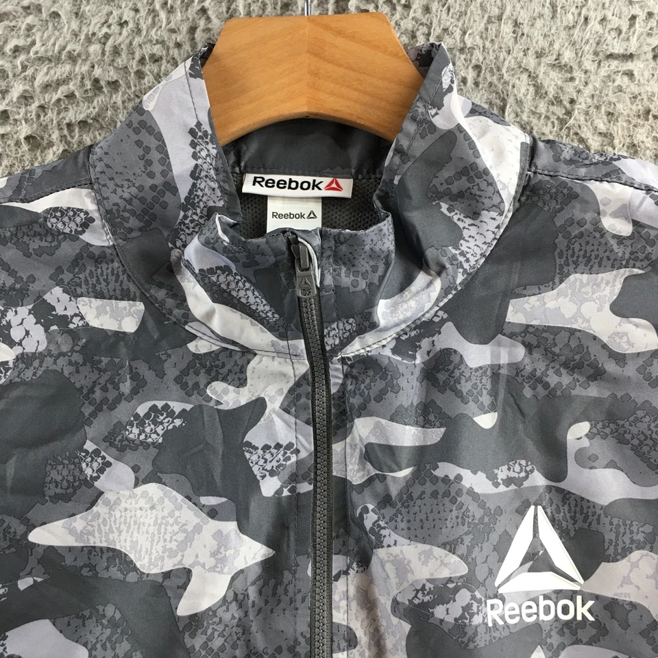 Chaqueta cortavientos Reebok para mujer L gris camuflaje manga larga pulóver bolsillo Foto 3 de 4