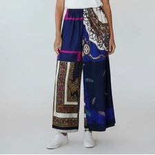 NWT Diletta Moretti Pants Women S Patchwork Silk Foulard Scarf Wide Leg Luxury