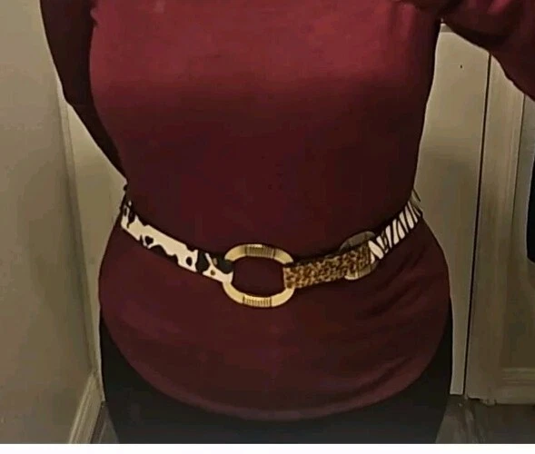 Cinto ajustável Chico's 3 animais estampa couro cabelo de bezerro concho anel de metal tamanho G - Imagem 2 de 4