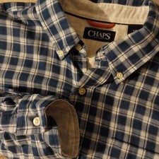 CHAPS Mens Lg Button Down Blue &White Plaid Lined Long Sleeve Cotton Dress Shirt