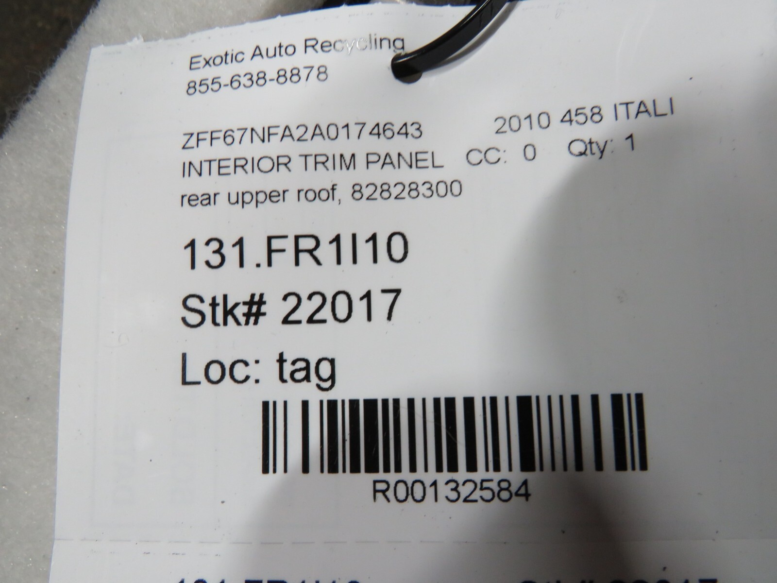 Ferrari 458 Italia, Back Window Upper Trim Panel, Black, Used, P/N 82828300