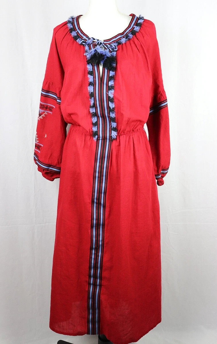 Eloquii Maxi Peasant Dress Women Size 20 Red Embroidered Boho Tassel Pocket Long