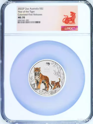 2022 P Australia Colored Silver Lunar Year of the Tiger 2oz $2 Coin NGC MS70 FR