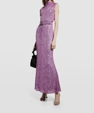 $750 Badgley Mischka Women Purple Sequined Belted Turtleneck Gown Dress Size 8