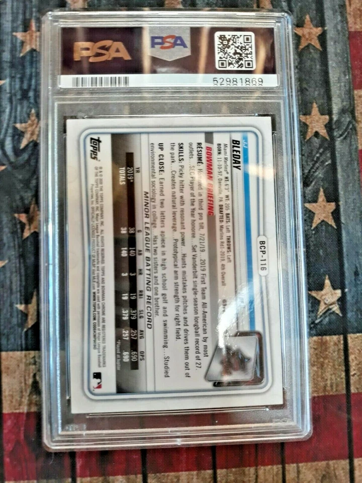 2020 BOWMAN CHROME PROSPECTS JJ BLEDAY #BCP116 SAPPHIRE REFRACTOR PSA 10 - Image 2 of 2