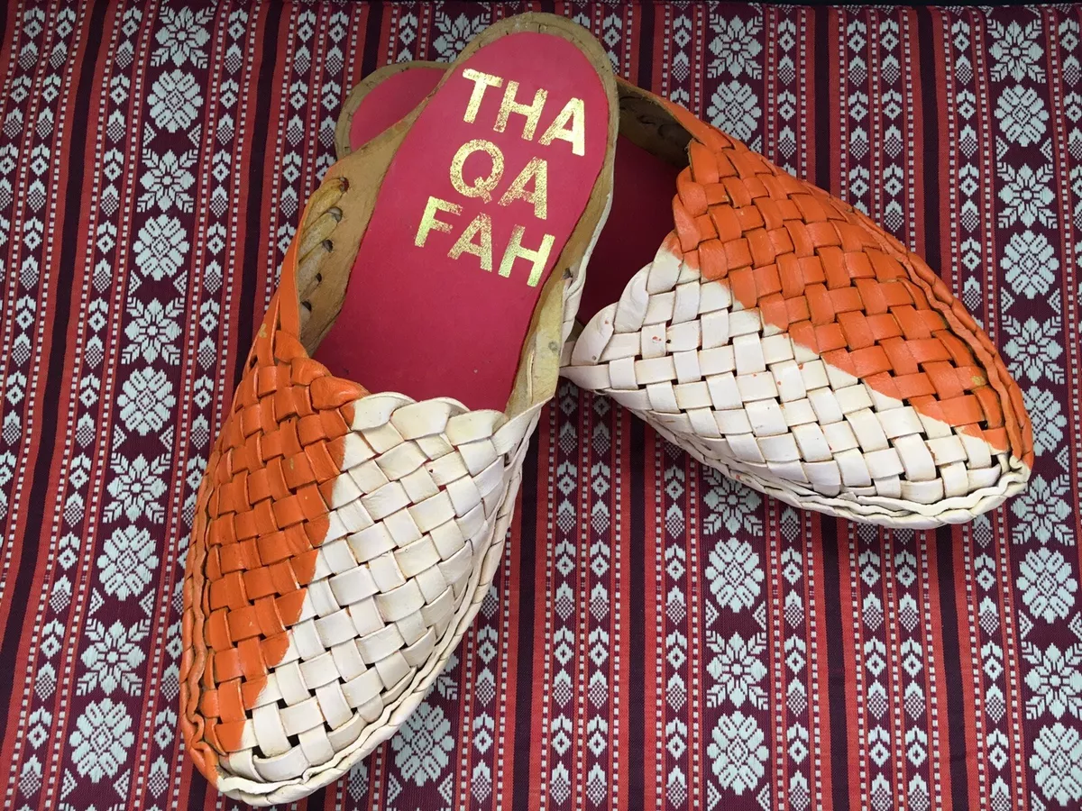 THAQAFAH Woven Leather Mules Huaraches Babouche Tangerine