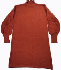 Unbranded Womens Rust Textured Sleeves & Ruffled Neckline Knit Sweater Dress M N