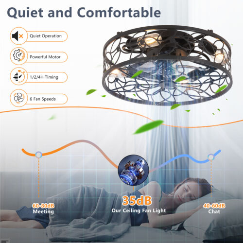 18 inch Ceiling Fan LED Light Farmhouse Black Flush Mount w Remote Control Kit - Picture 4 of 8