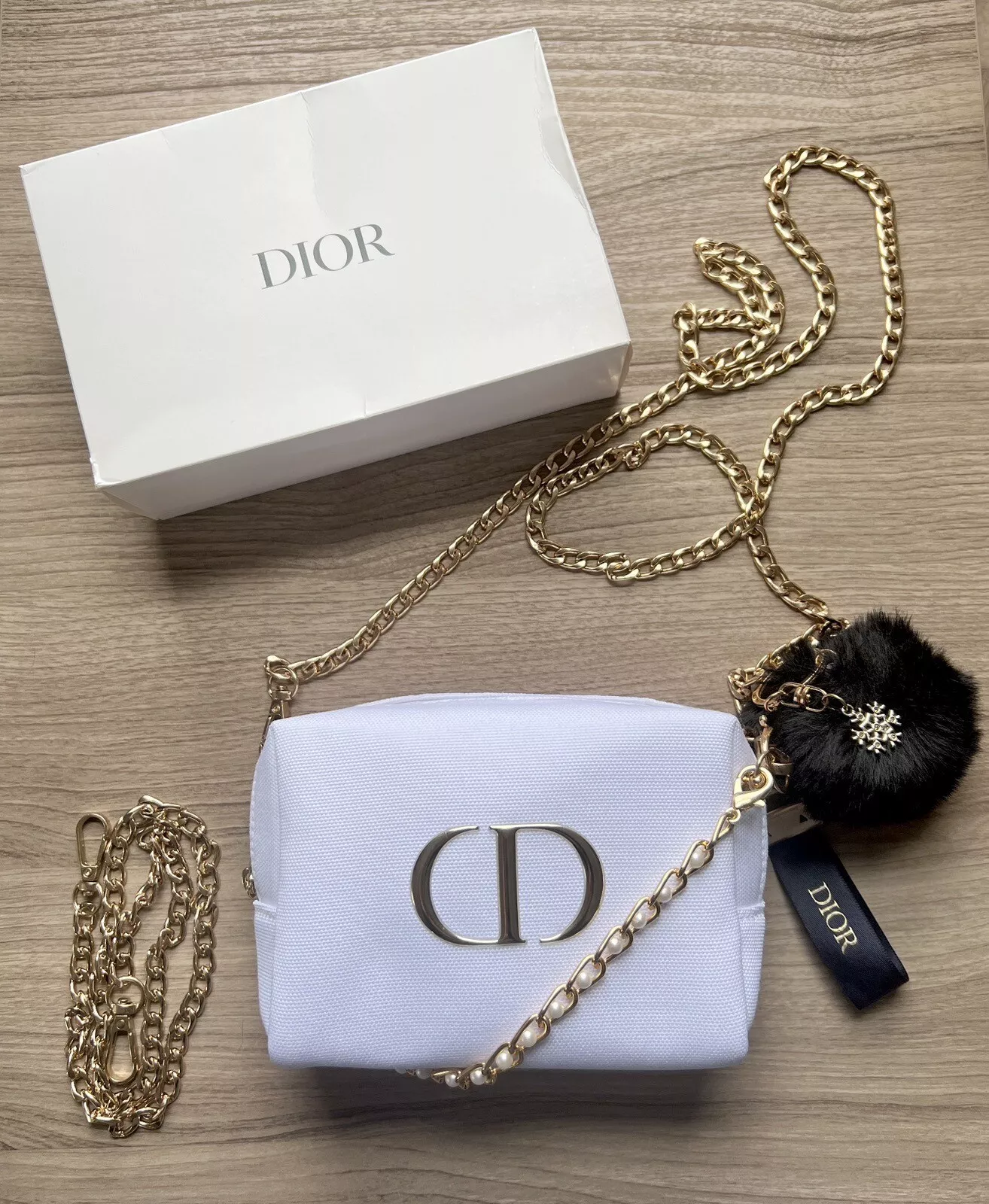 Sac à main chaîne bandoulière DIOR blanc et or pochette beauté cosmétique