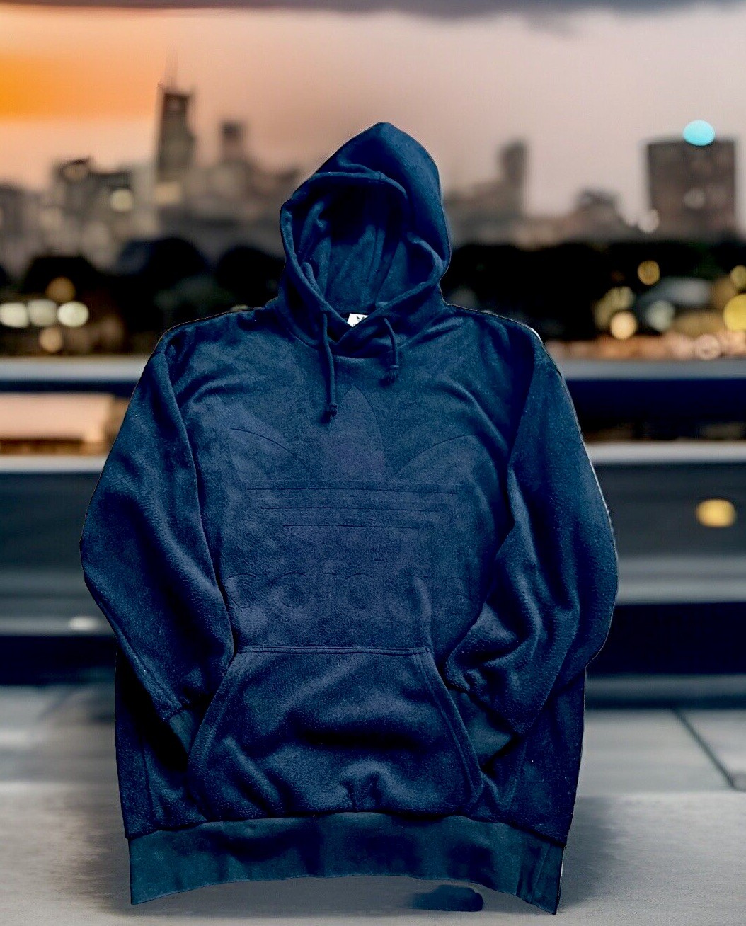 ADIDAS ORIGINALS BIG TREFOIL SPELL-OUT EMBOSSED VELOUR HOODIE BLACK MENS MEDIUM image 5