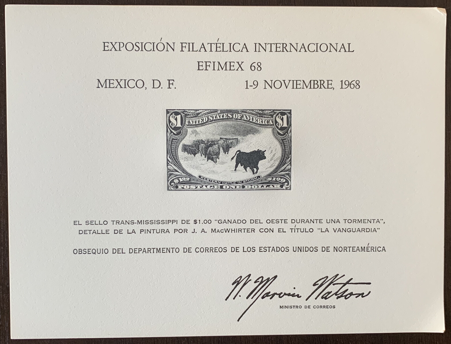 1968 CATTLE IN STORM SOUVENIR PRINTING MEXICO PHILATELIC EXPOSITION IN SPANISH