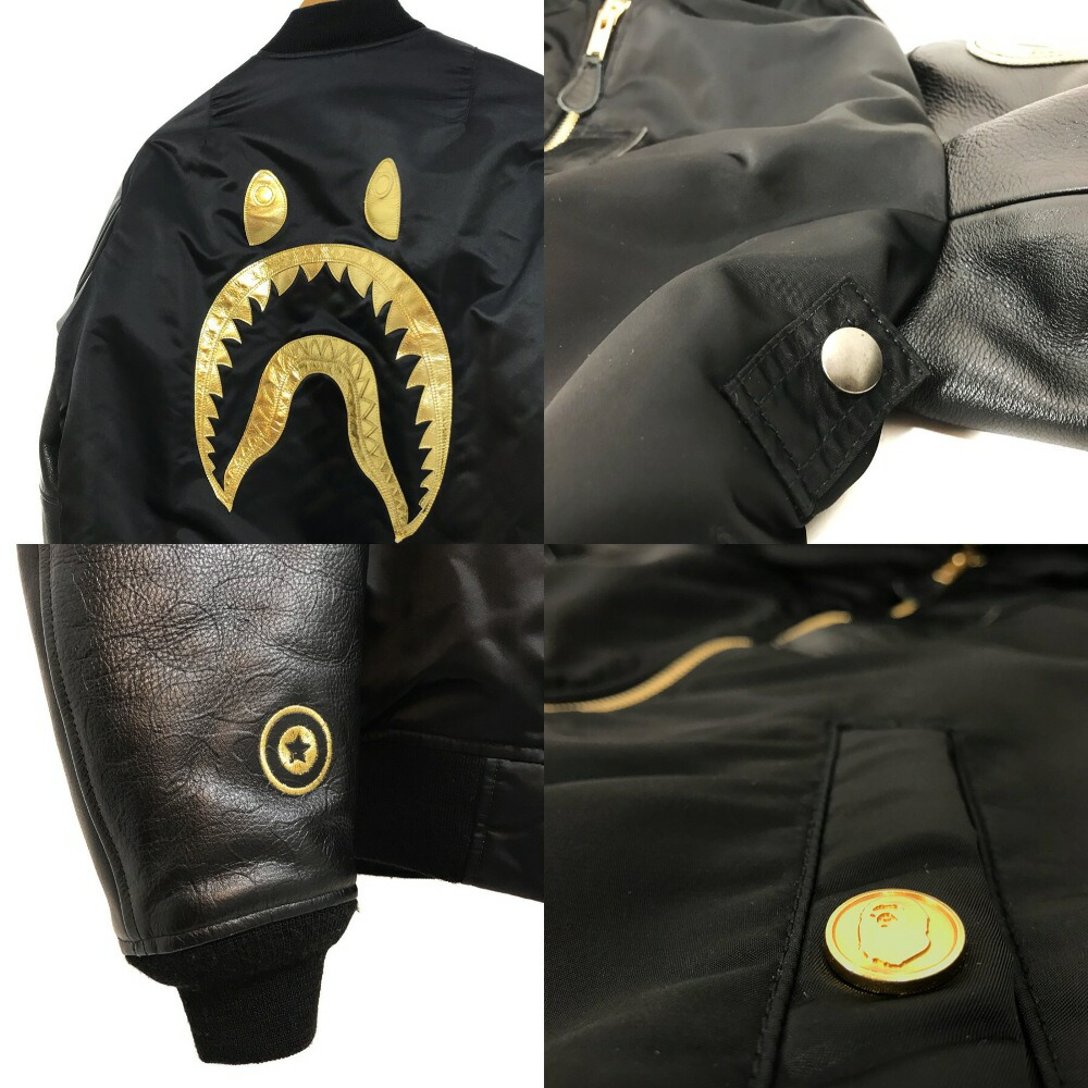 15Aw A Bathing APE Black Leather Ma-1 Gold Xl Bape Military Jacket