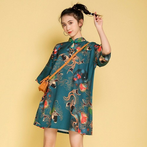 Lady Girl Shift Dress Mandarin Collar Retro Ethnic Loose Qipao Short Novelty