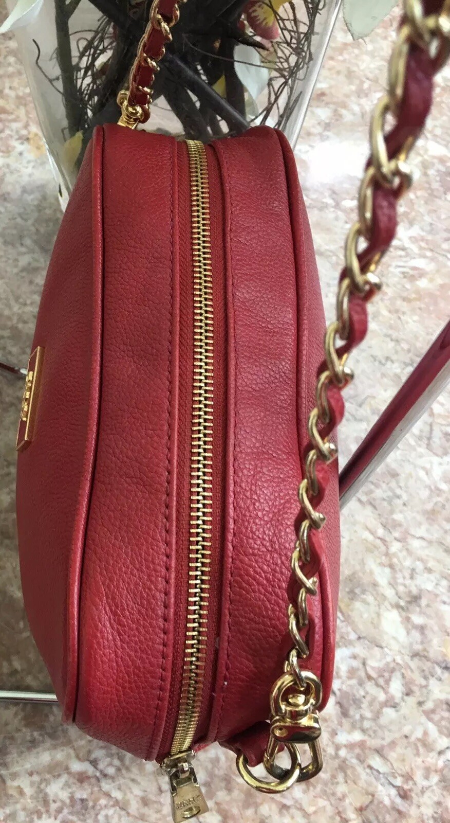 DKNY Red Pebbled Leather Chain Link CrossBody Bag EU… Gem