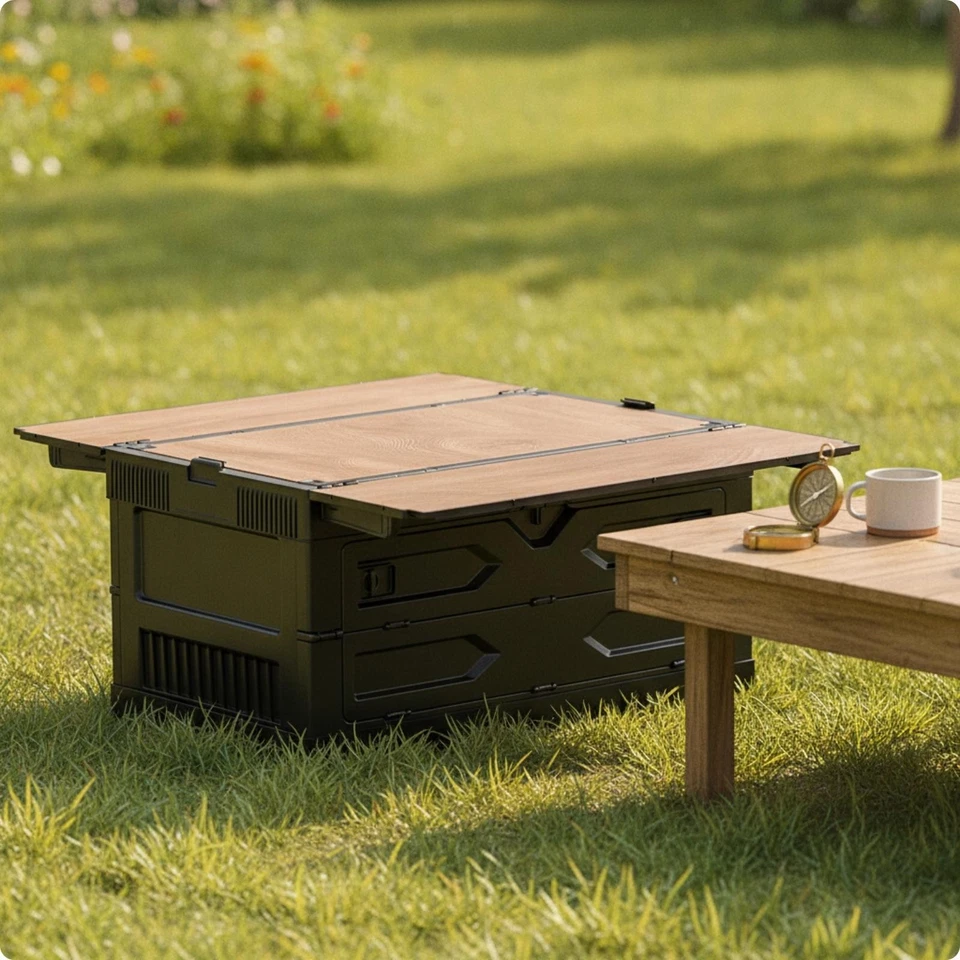 Boîte de camping avec couvercle en bois, organisateur portable pliable et - Photo 1/1