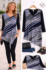 Chicos Easy Care Knit Top Tunic Large Asymmetric Hem Blue Abstract