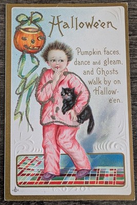 ANTQ Pumpkin Faces Dance and Gleam, Glitter, Embossed, Halloween Postcard