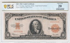 1922 $10 Gold Certificate Fr#1173a PCGS VERY FINE 20 - Small Serial Numbers