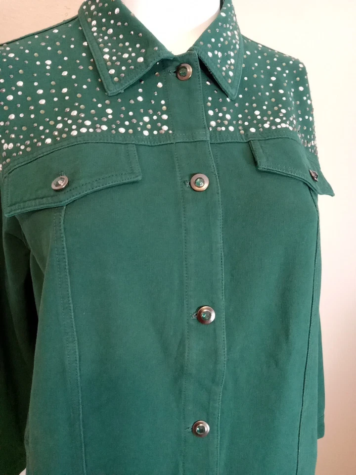 quacker factory Dream Jeannes Green Studded Button Down Collared Jacket Size 2x - Image 3 of 4