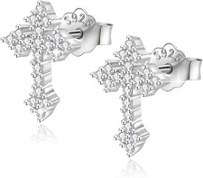 Sterling Silver Cross Stud Earrings for Women Men, CZ Cross Stud Hypoallergenic