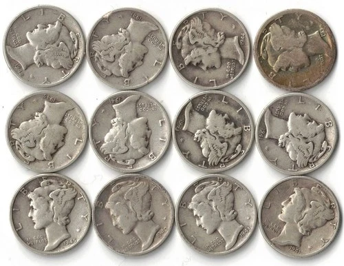 Mercury Dimes Lot of 12 90% Silver - 1930's to 1940's  [47A]