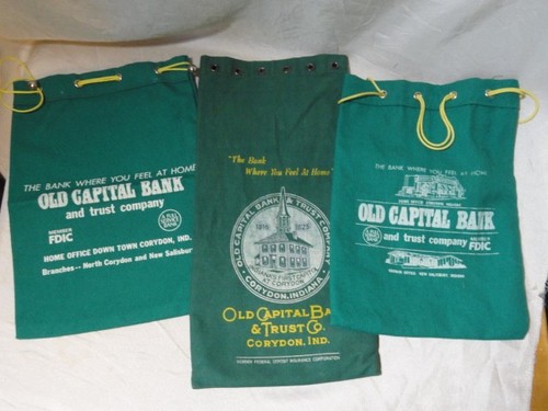VTG 3 OLD CAPITAL BANK CORYDON, INDIANA CLOTH BANK BAGS DRAWSTRING