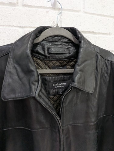 Men's Claiborne Black Lambskin Leather Full Zip Coat Jacket - Size XL Vintage - Picture 2 of 16
