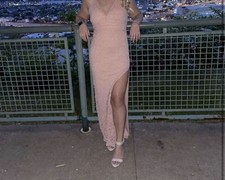 Pink Lace Formal Gown with Slit, Sleeveless, Strappy Back, Elegant Evening Dress
