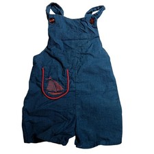 Vintage Blue Denim Baby Overalls 12M Red Buttons Sailboat Pocket Embroidery
