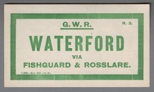 GREAT WESTERN RLY LARGE LUGGAGE LABEL - WATERFORD via Fishguard & R'lare (R3)