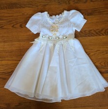 Vintage Girls Formal Dress White Wedding Communion Lace Beads Sequins Size 5-6