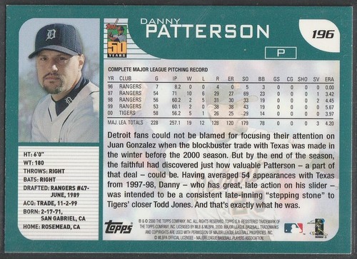 Original Autograph, Danny Patterson; 2001 Topps #196, Detroit Tigers - Picture 2 of 2