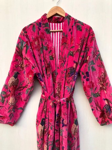 OFMD Luxus Samt Jacke Mantel Kimono Rosa Farbe Vogelmuster Kimono Longjacke - Bild 4 von 8