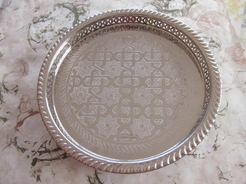 Medium Moroccan Handmade Serving Brass Tea Tray 12" (30 cm) round, Nickel Plated - Picture 10 of 12