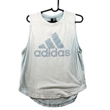 Adidas Essential Big Logo Tank Top Womens M Light Blue Relaxed Active Round Hem