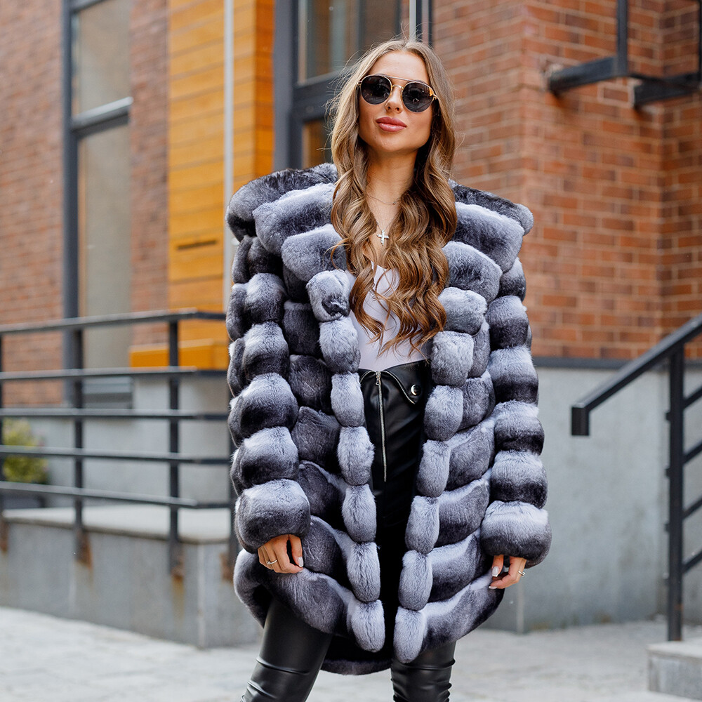 Womens Real Rex Rabbit Fur Coat Chinchilla Hooded Winter Coat