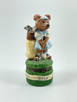 Vintage Bearware Pottery Golf Golfing Female Bear Trinket Box Figurine 4'' Tall