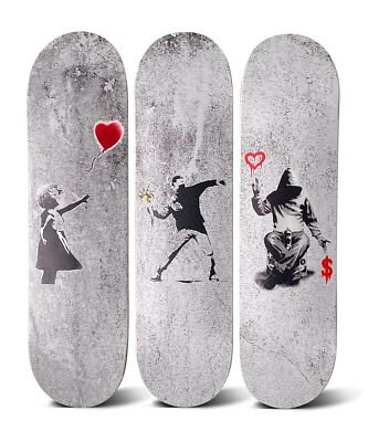 Skateboard Canvas Wall Art - Banksy 3 Piece Set on 7 Ply