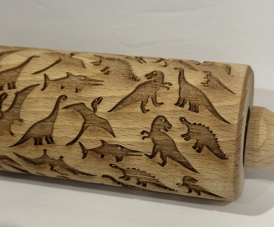 Rodillo de madera en relieve dinosaurios grabado tallado T Rex Brontosaurus 14" Foto 3 de 4