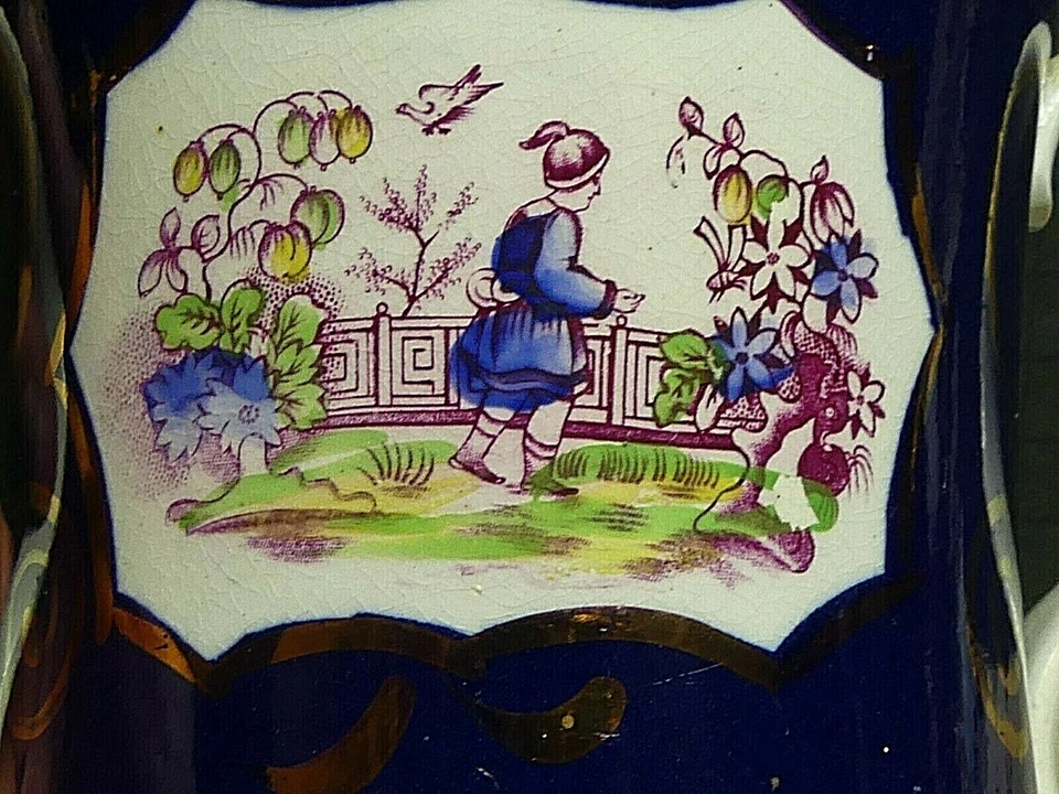Antiguo Pasillo Inglés Rosa/Azul Lusterware 2 Asas 1815 Chinoiserie Exportación Foto 3 de 4