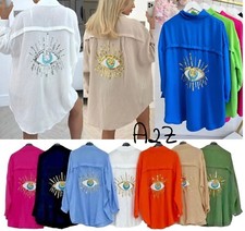 Womens Ladies Sequin Eye Button Up Oversized Summer Tunic Shirt Mini Dress Tops