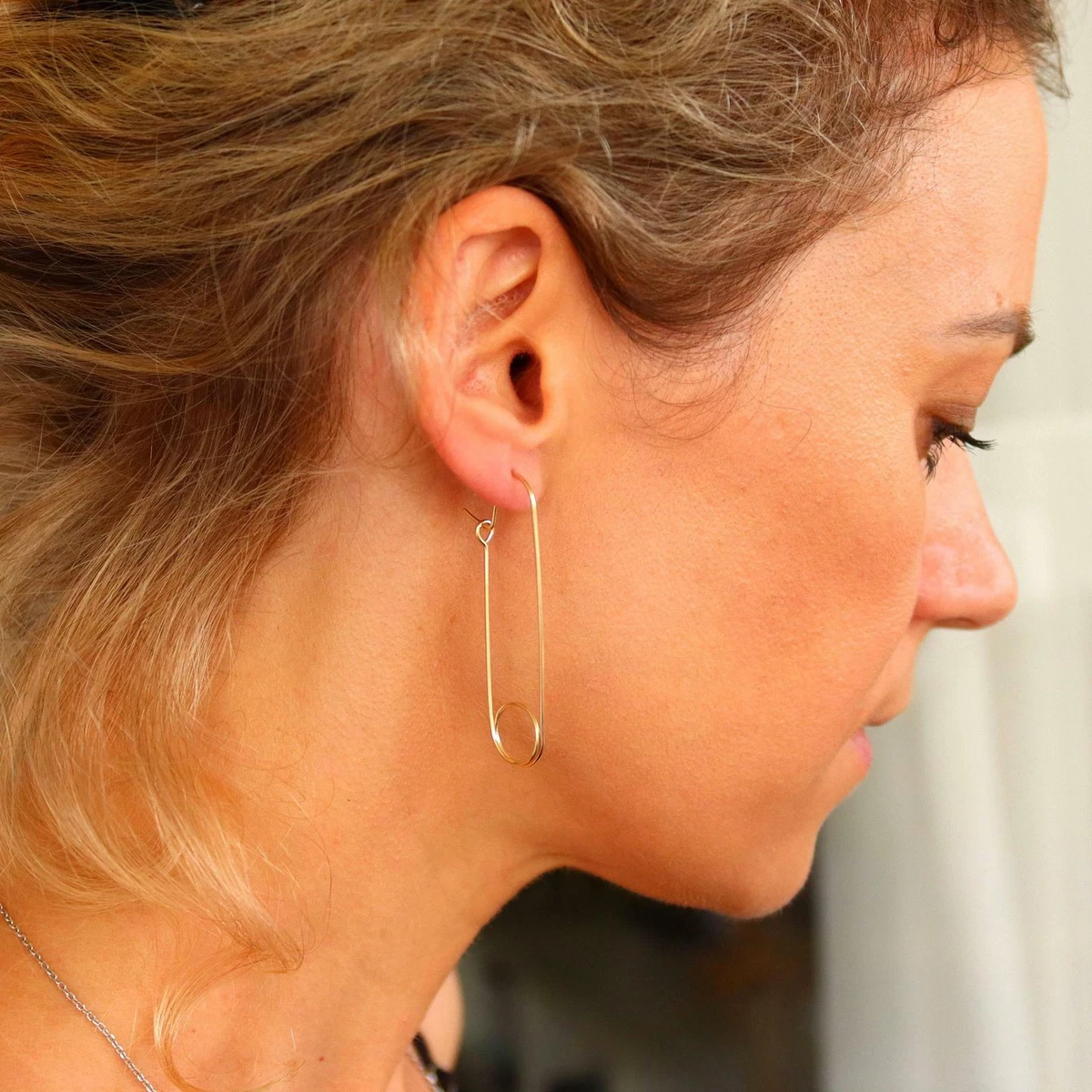 Drop pin Dangle Earrings 2 inch Handmade Gold Hoops Statement